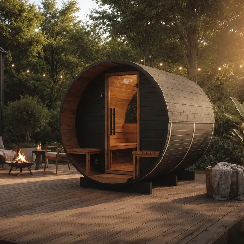 Sudová sauna s terasou z thermowood – LUMA COMFY BLACK EDITION