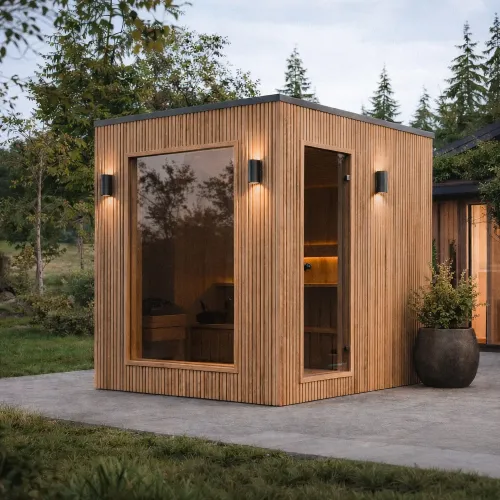 Exteriérová finská/bio sauna z thermowood – QUADRA – ve smontovaném stavu