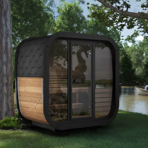 Hranatá sudová sauna z thermowood – CUBE 125 BLACK EDITION – včetně montáže
