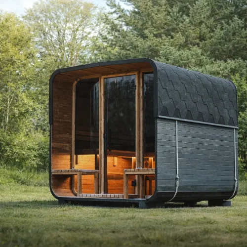 Hranatá sudová sauna s terasou z thermowood – NORA
