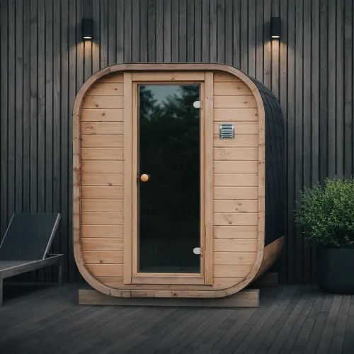 Exteriérová finská sauna z thermowood – CUBE MINI – ve smontovaném stavu a zapojeným topidlem