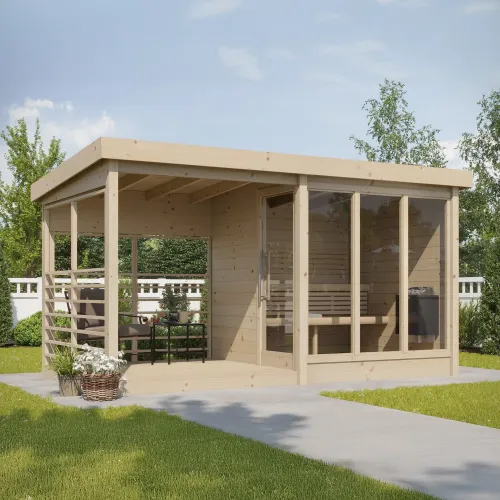 Exteriérová sauna ze skandinávského smrku EMMI s terasou