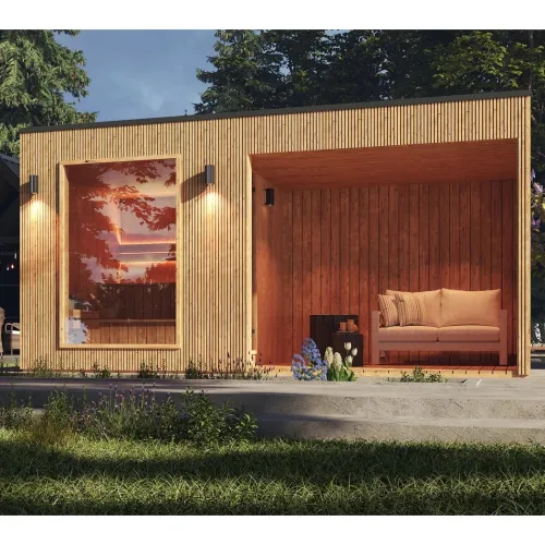 Exteriérová finská/bio sauna z thermowood – QUADRA s krytou terasou – ve smontovaném stavu